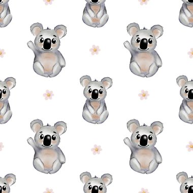 Lezzetli suluboya koalalar beyaz arka planda tekstil ve dekoratif amaçlar için kusursuz bir desen oluştururlar..