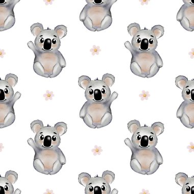 Tatlı suluboya koalalar beyaz bir zemin üzerinde dalgalanır, kusursuz desenli narin çiçeklerle çevrilidir..