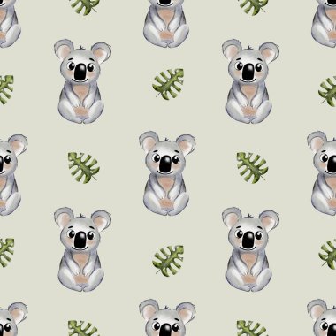 Sevimli koalalar ve yeşil yapraklar çeşitli kumaş ve ambalaj uygulamaları için uygun büyüleyici bir suluboya deseni oluşturur..