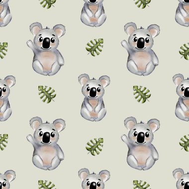 Yapraklarla çevrili neşeli koalalar dekor ve tekstil için büyüleyici bir desen oluşturur..