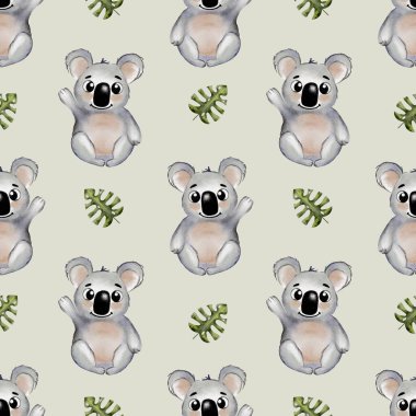 Yeşil yapraklarla çevrili neşeli koalalar çeşitli kullanım alanları için neşeli ve hareketsiz bir desen oluşturur..