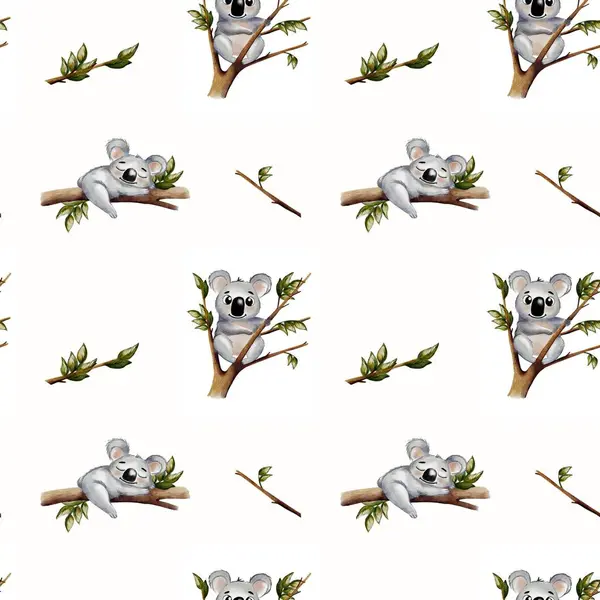 Bu büyüleyici desen, kumaş ve ambalaj için mükemmel olan narin yaprakların arasındaki dallarda dinlenen sevimli koalaları gösteriyor..