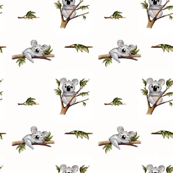 Tuhaf suluboya desenleri yapraklar arasında kumaş, duvar kağıdı ve ambalaj için uygun dallarda sevimli koalalar barındırır..