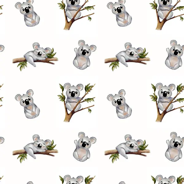Tekstil uygulamaları ve dekoratif arka planlar için uygun kusursuz desenli tuhaf koala çizimleri.