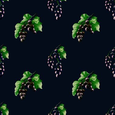 Yeşil yapraklarla çevrili canlı kuşüzümü kümeleri koyu arkaplanda kusursuz bir dekoratif desen oluşturur..