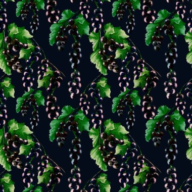 Yemyeşil yapraklı canlı kuşüzümü kümeleri kumaş ve duvar kağıdı projeleri için kusursuz bir suluboya deseni oluşturur..