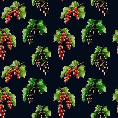 Canlı kuşüzümü suluboya deseni, tekstil kullanımı için koyu bir zemin üzerinde böğürtlen ve yapraklar kümeleri içerir..