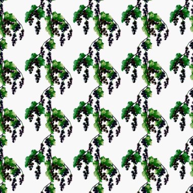 Bu desen beyaz arkaplan üzerinde el yapımı kuşüzümü ve yeşil yapraklar içerir, kumaş veya ambalaj kullanımı için mükemmeldir.