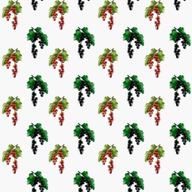 Canlı kuşüzümü ve yeşil yapraklar çeşitli ürün ve arka planlar için uygun, pürüzsüz ve tekrarlayan bir şablon oluşturur.
