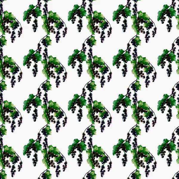 Bu desen beyaz arkaplan üzerinde el yapımı kuşüzümü ve yeşil yapraklar içerir, kumaş veya ambalaj kullanımı için mükemmeldir.