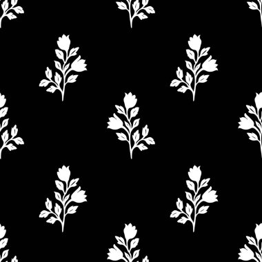 Büyüleyici çiçek tasarımı beyaz çiçekler ve siyah arka planda yapraklar içerir, çeşitli uygulamalar için mükemmeldir..