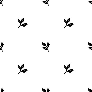 Siyah çiçeklerin kusursuz deseni ve beyaz arkaplanda yapraklar, tekstil ve ambalaj tasarımı projeleri için ideal.