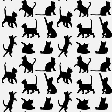 Tekrarlanan bir desen, çeşitli şekillerde kedi siluetlerini beyaz bir arka plana karşı sergiliyor, tekstil tasarımı için mükemmel..