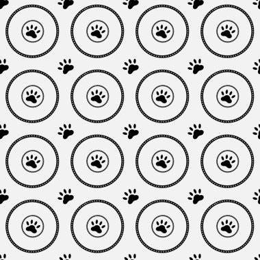 Kedi pençesi izleri ve dairesel tasarımlar içeren eğlenceli ve şık bir siyah-beyaz desen, tekstil için mükemmel..