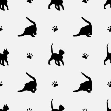 Kedi ve pati izlerinin siyah siluetleri beyaz arka planda, kumaş kullanımı için ideal oyuncu ve büyüleyici bir tasarım oluşturur..