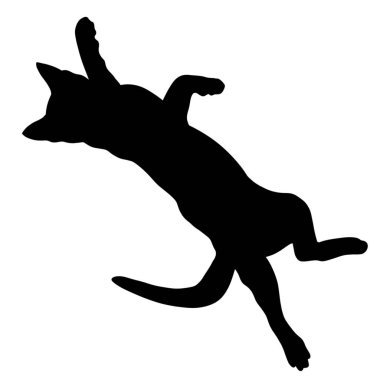 Oyuncu bir kedi silueti, tekstil tasarımları için mükemmel temiz, beyaz bir arkaplan ile çevrili dinamik hareketler gösterir.