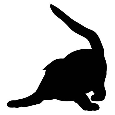Oyuncu bir kedi silueti, tekstil ve baskı tasarım projeleri için ideal, temiz, beyaz kumaşa karşı hareket sergiliyor.