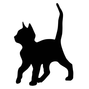 Bu canlı siyah kedi silueti neşeli bir duruş sergiliyor, kumaş baskıları veya dekoratif ambalajlar için ideal..