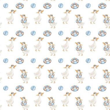 Renkli suluboya kazlar, süslemeler için mükemmel, pürüzsüz beyaz bir zemin üzerinde yüzen ördekler ve plaj topları barındırır..