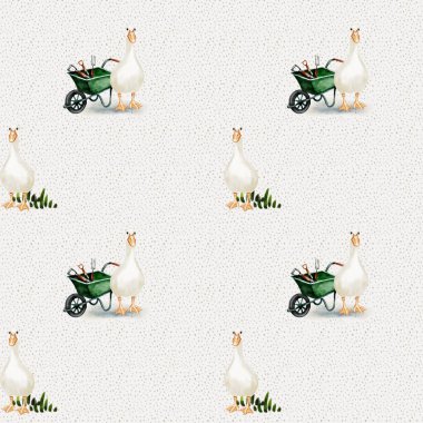 Tuhaf tasarım, yeşil bir el arabasının yanında, tekstil ve ambalaj kullanımı için mükemmel bir arka planda kazlar barındırır..