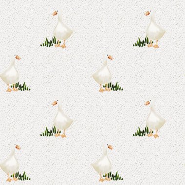 Suluboya ile çizilmiş beyaz kazlar kumaş ve hediye paketleme projeleri için kusursuz desenli düzende..