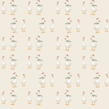 Eşarp takan renkli kazlar, kumaş ve duvar kağıdı tasarımları için ideal, neşeli, pürüzsüz bir desen yaratırlar..