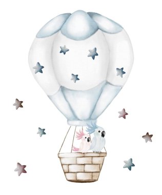 Beyaz arka planda yıldızlarla süslenmiş sepetin içinde sevimli kuşlar olan tuhaf bir sıcak hava balonu..