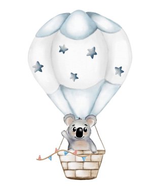 Lezzetli bir sıcak hava balonu nazikçe havada süzülür, neşeli bir koalanın yıldız desenleriyle macerasının tadını çıkarmasını gösterir..