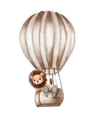 Dekoratif bir sıcak hava balonu. Dost canlısı bir aslan ve büyüleyici bir yay. Şablon ve kumaş için mükemmel..