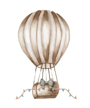 Bu sanat eserinde bej ve beyaz desenli renkli bayraklar ve bir fiyonkla süslenmiş tuhaf bir sıcak hava balonu var..