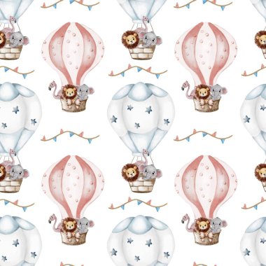 Bu kumaşta, pek çok proje için ideal, pürüzsüz desenli sevimli hayvanlarla dolu eğlenceli sıcak hava balonları var..