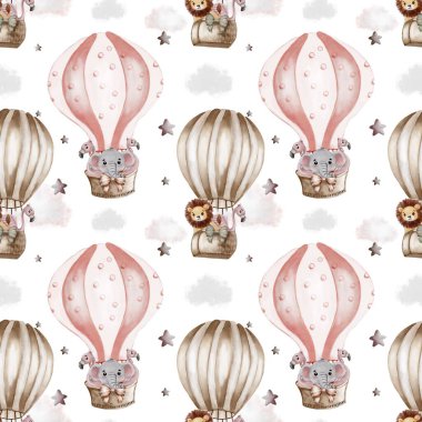 Yumuşak bir zemin üzerinde sevimli filler ve aslanlar olan sıcak hava balonları tasarımı, kumaş için ideal..