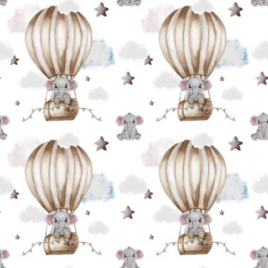 Tatlı filler, yumuşak bulutlar ve yıldızlarla çevrili sıcak hava balonunda gezerler. Çocuk dekorasyonu ya da kumaş tasarımı için mükemmeldir..