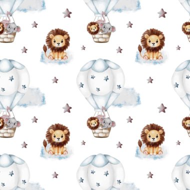 Sevimli bir fil, şenlikli süslemelerle süslenmiş sıcak hava balonunda yüzer. Kutlamalar ve çocuklar için mükemmeldir..