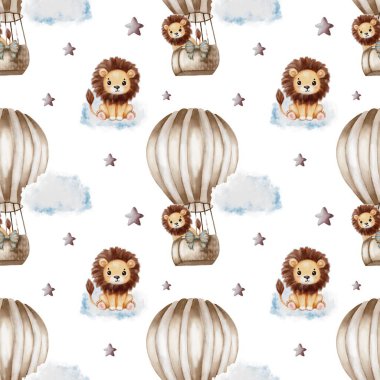 Bu enfes desen, sıcak hava balonlarındaki büyüleyici aslanların tüylü bulutlar ve yıldızlarla çevrili olduğunu gösteriyor. Dekorasyon için mükemmel..
