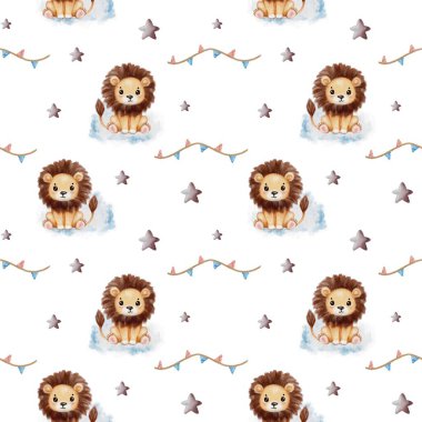 Hafif arka planda oyuncu aslan ve yıldızların yer aldığı büyüleyici tasarım, çocuk dekoru veya tekstil projeleri için ideal.