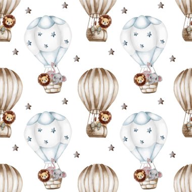 Garip desenler, hayvanlı sıcak hava balonları sergiliyor. Kumaş, duvar kâğıdı ve eğlenceli dekorasyon projeleri için mükemmel..