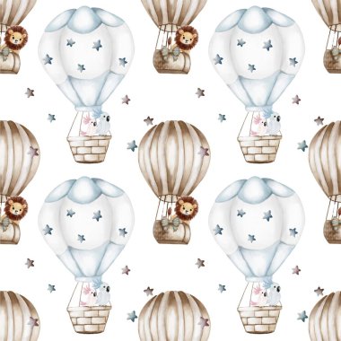 Kaprisli sıcak hava balonları ve sevimli hayvanlar, tekstil ve ambalaj için mükemmel desenler..