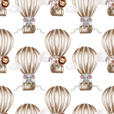 Bu tasarım, yaratıcı projeler için ideal beyaz arka planda sevimli hayvanlı sıcak hava balonları sergiliyor..