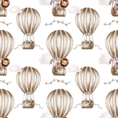 Kaprisli sıcak hava balonları ve dikişsiz suluboya desenli sevimli hayvanlarla büyüleyici bir tekstil tasarımı keşfedin..