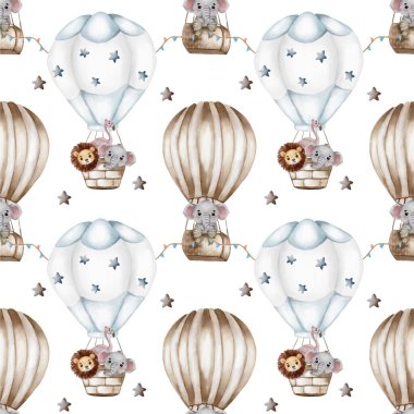 Bu tasarım, tekstil projeleri için mükemmel, pürüzsüz desenli neşeli hayvanlarla dolu kaprisli sıcak hava balonları içeriyor..