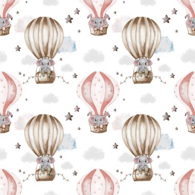 Enfes tasarım filleri renkli sıcak hava balonlarıyla sergiliyor. Yumuşak bir bulut arka planına karşı, dekorasyon için ideal..