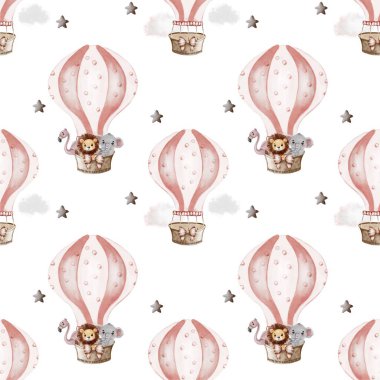 Aslan ve fil desenli renkli sıcak hava balonları çeşitli kullanımlar için tuhaf tekstil desenleri oluşturur..