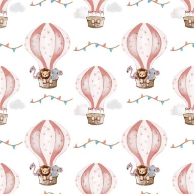 Sepetlerinde aslan ve fil olan büyüleyici sıcak hava balonları tekstil için harika bir desen oluşturuyor..