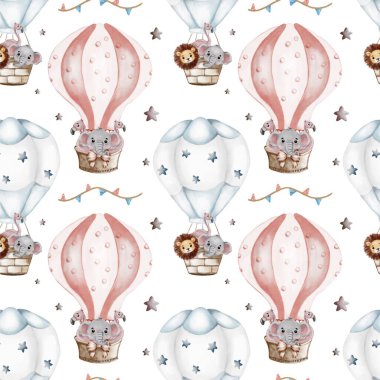 Filli ve aslanlı suluboya balonlar çocuk temaları ve dekorasyonları için mükemmel bir şablon oluşturuyor..