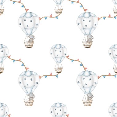 Bu tasarım, pankartlı sıcak hava balonlarından oluşan büyüleyici bir desen içeriyor, kağıt ve kumaş sarmak için mükemmel..