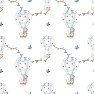 Bu büyüleyici desen yıldızlarla süslenmiş kaprisli sıcak hava balonları ve beyaz arka planda renkli kiraz çiçekleri içerir..