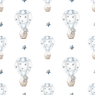 Beyaz zemin üzerinde renkli sıcak hava balonları çeşitli tasarımlar için mükemmel bir tuhaf desen oluşturur..
