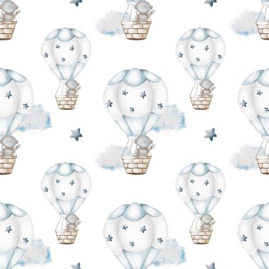 Yıldız desenli tuhaf sıcak hava balonları temiz beyaz bir zemin üzerinde yüzer, neşeli tasarımlar için idealdir.