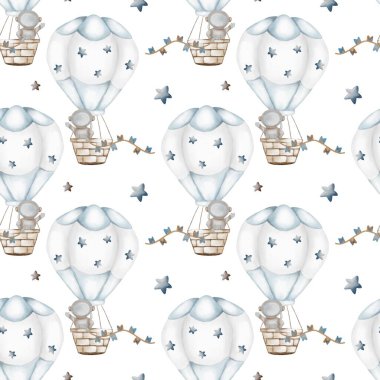 Kaprisli sıcak hava balonları yıldızlar arasında süzülür. Tekstil ve ambalaj için mükemmel bir şablon oluşturur..
